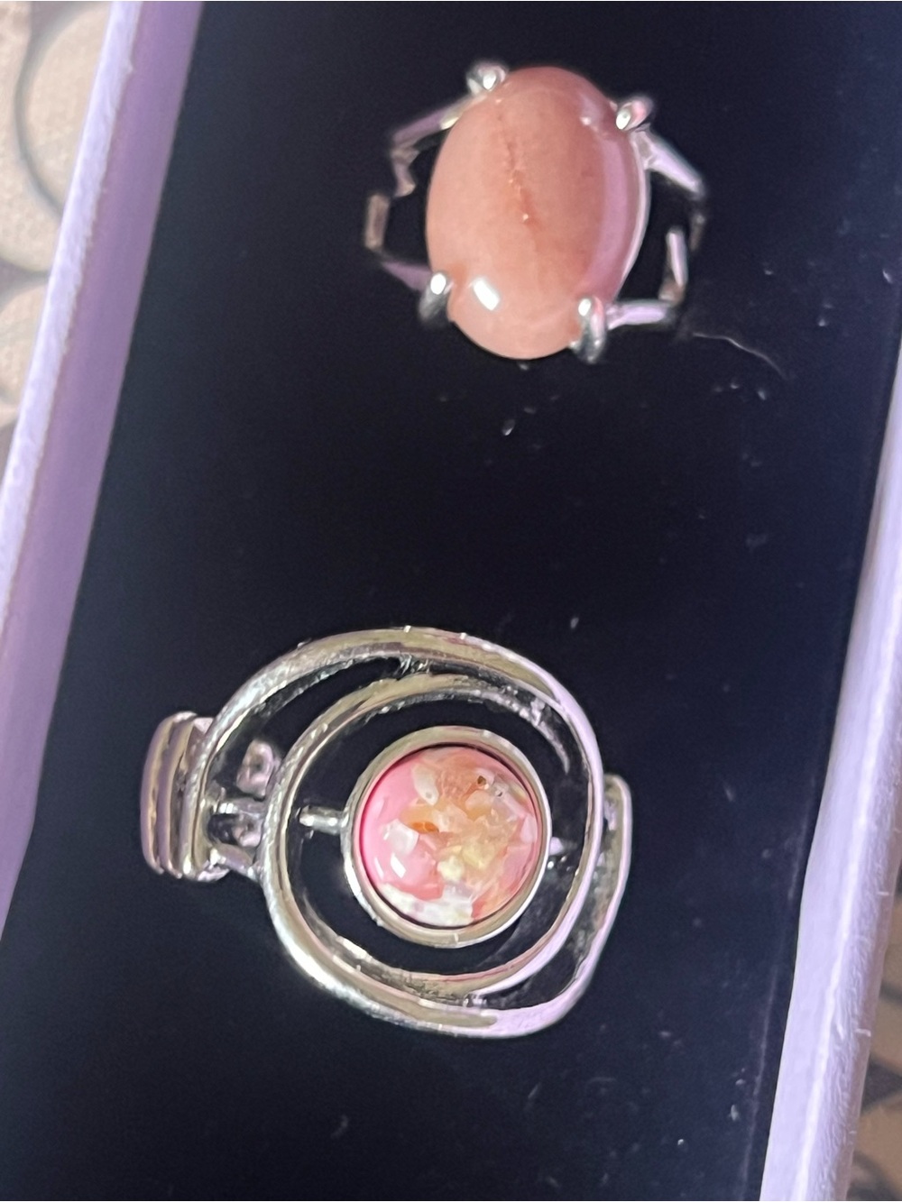 Silver Pink Coral Boho-Inspired Set of 2 Rings